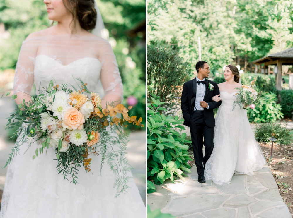 A bride and groom with arms locked walk through a garden smiling at each other at one of the best Westchester wedding venues