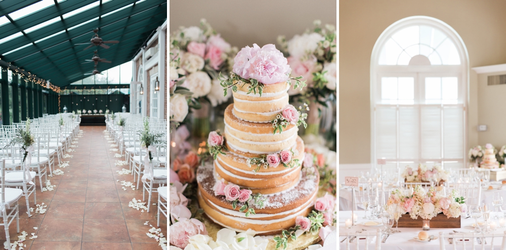 Details of a ceremony and reception set up with a naked cake and pink florals at one of the best Westchester wedding venues