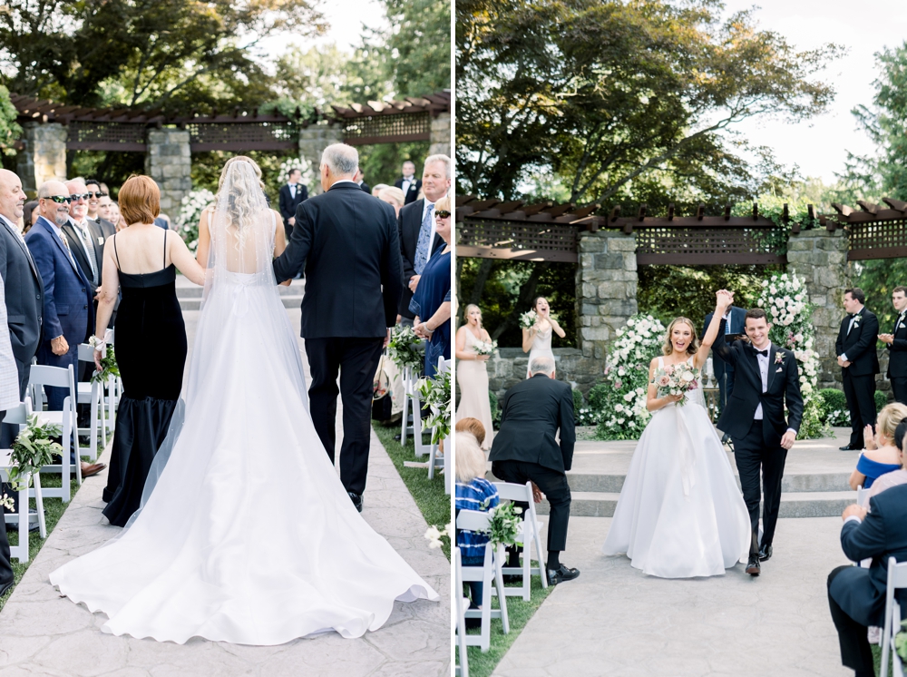 A bride walks down the aisle with her parents and back up with her new husband for her cermeony
