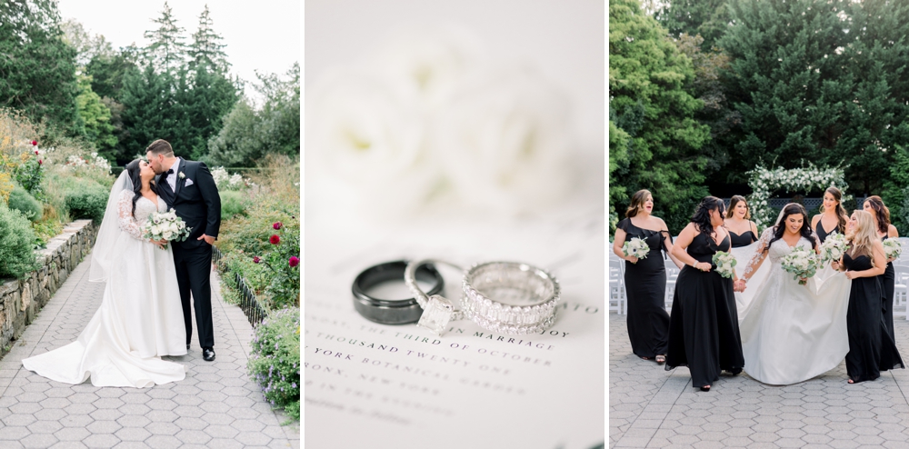Newlyweds kiss with a bride playing with her bridesmaids in a garden of the best Westchester wedding venues