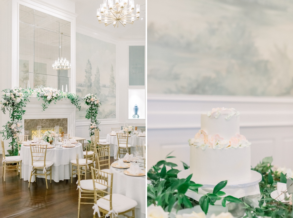 Details of a cake and wedding reception set up with white florals and fireplace at one of the best Westchester wedding venues
