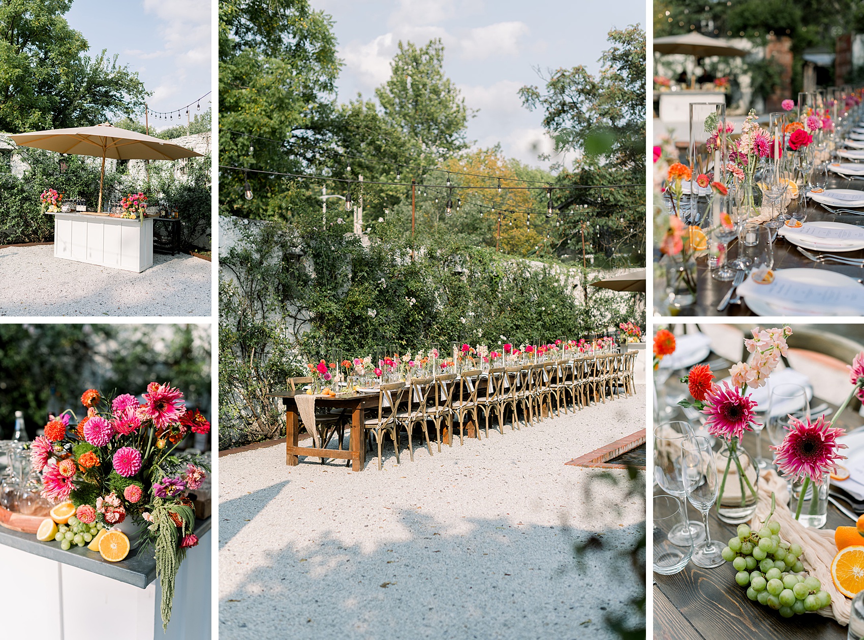 Details of garden rehearsal dinner set up with vibrant flowers