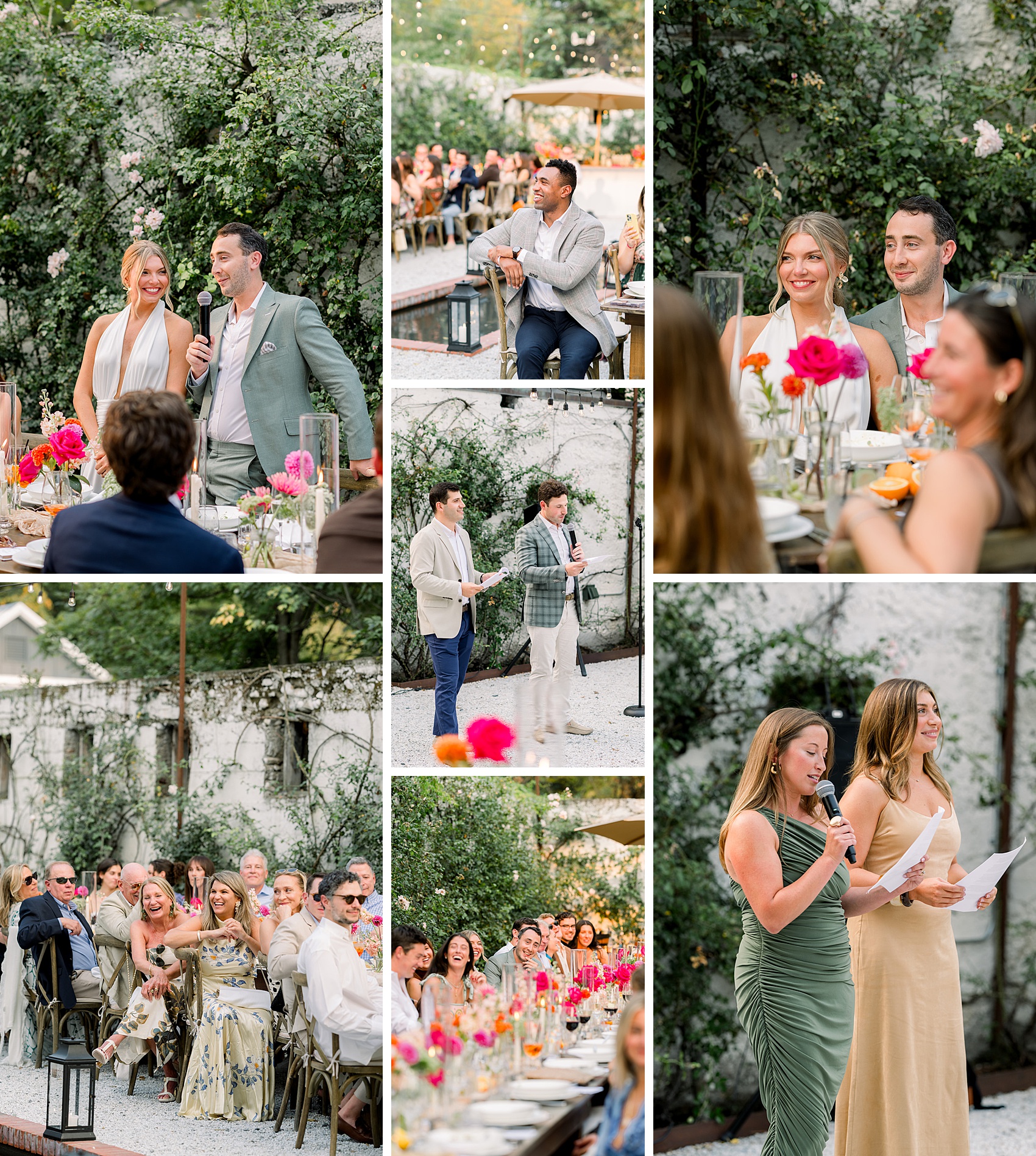 Guests and bride and groom give toasts to their guests from some wedding rehearsal dinner ideas