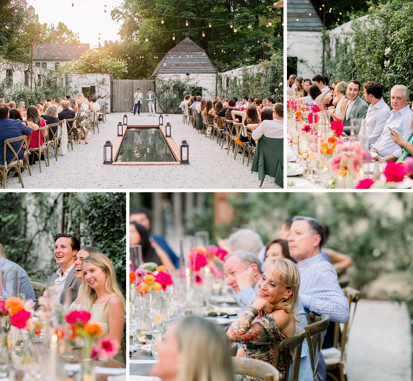Wedding guests in various photos sit at decorated reception tables in a garden listening to speeches from wedding rehearsal dinner ideas