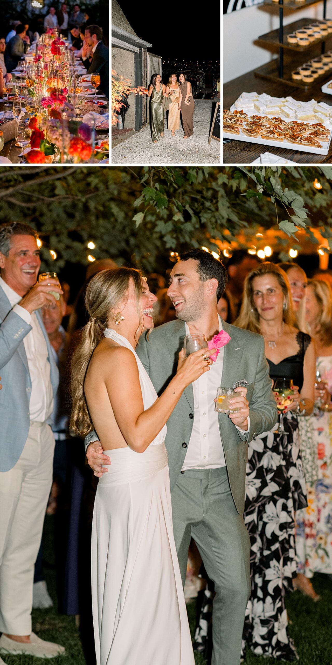 A happy couple laugh and walk through a crowd of guests below details of their dinner after finding wedding rehearsal dinner ideas