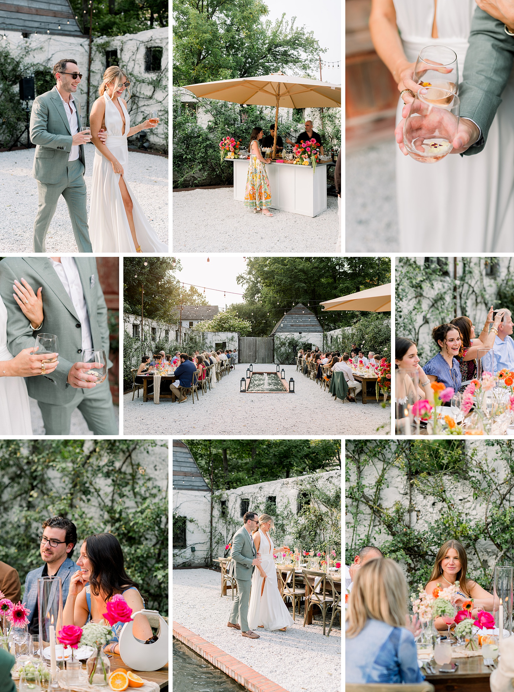 Details of a rehearsal dinner as the bride and groom hold drinks and explore the setup