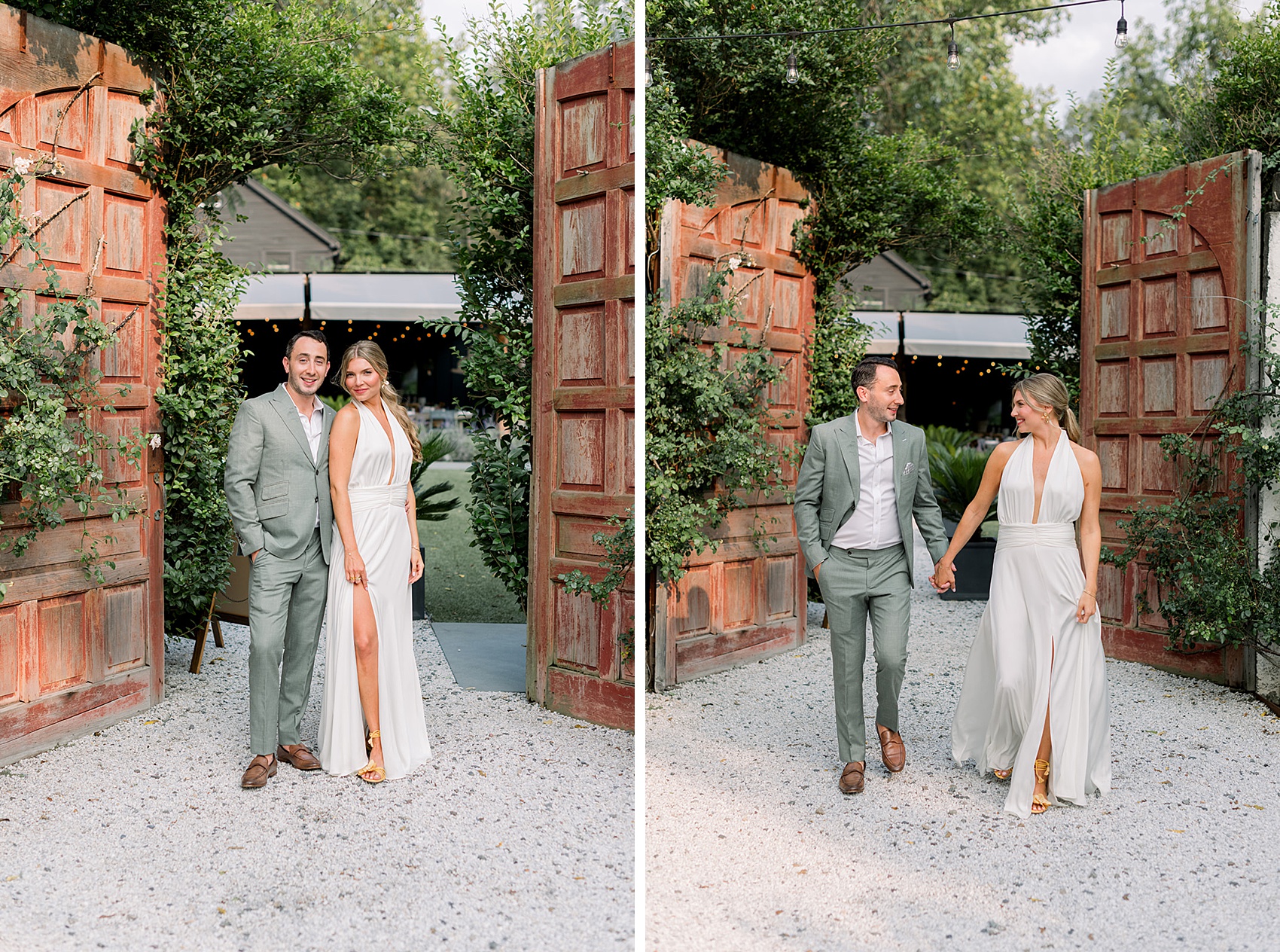 A bride and groom stand in a garden entrance smiling and holding hands in green and white