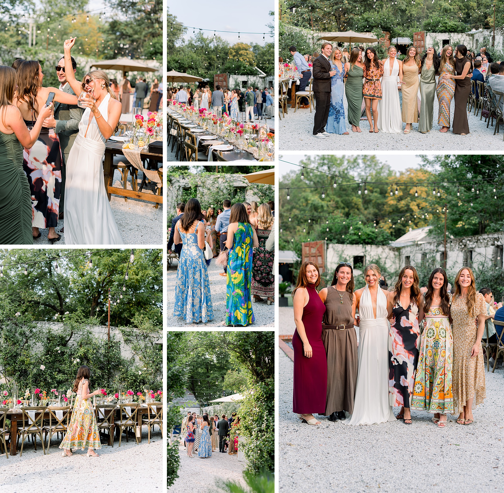 A happy bride dances and smiles with guests in a garden under market lights after she found wedding rehearsal dinner ideas