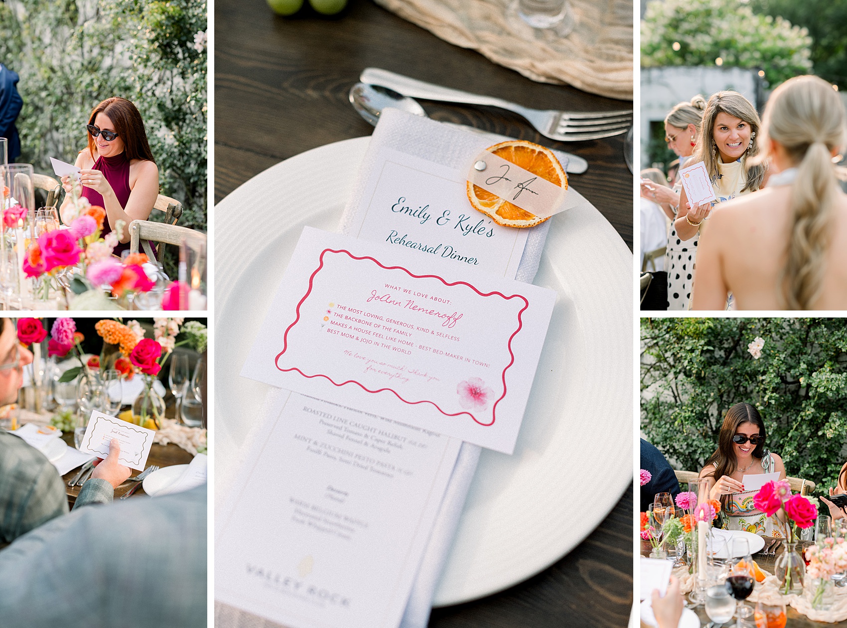 Details of a personalized dinner menu surrounded by guests opening them up with smiles