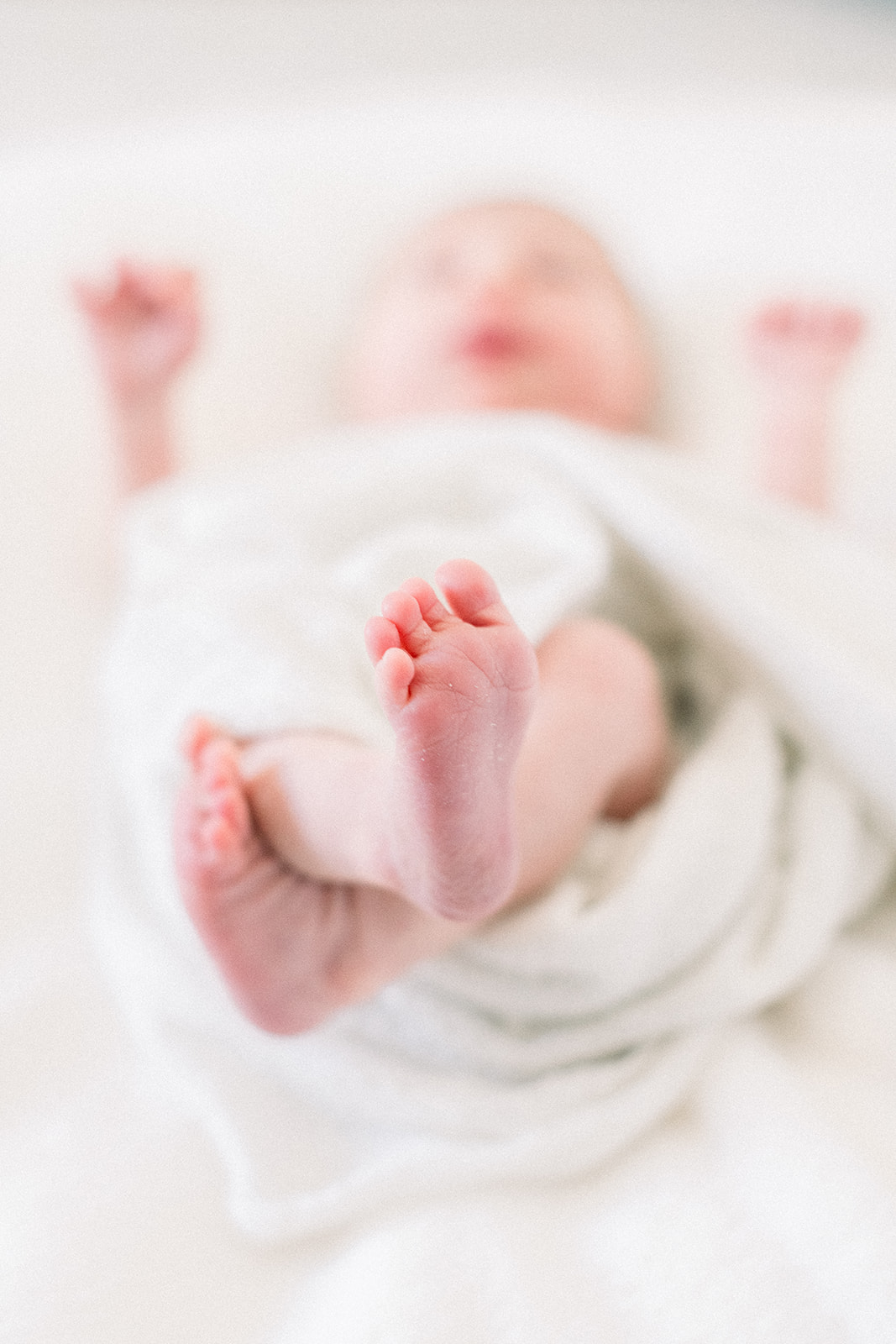 Details of a newborn baby's feet as it lays in a white blanket